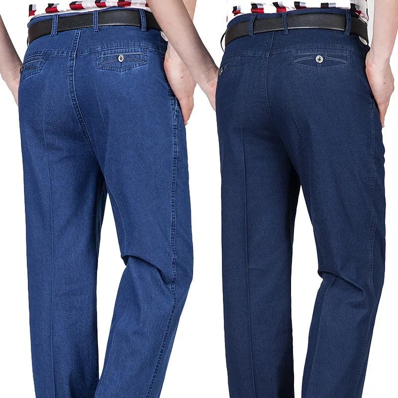 Men's high waist loose fit jeans in blue wash with zipper fly opening