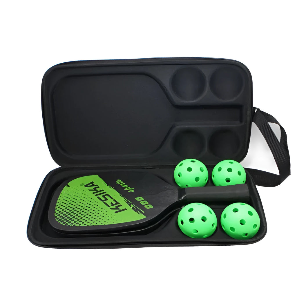 Black waterproof EVA pickleball bag with two shoulder straps, shown holding one paddle and four balls.