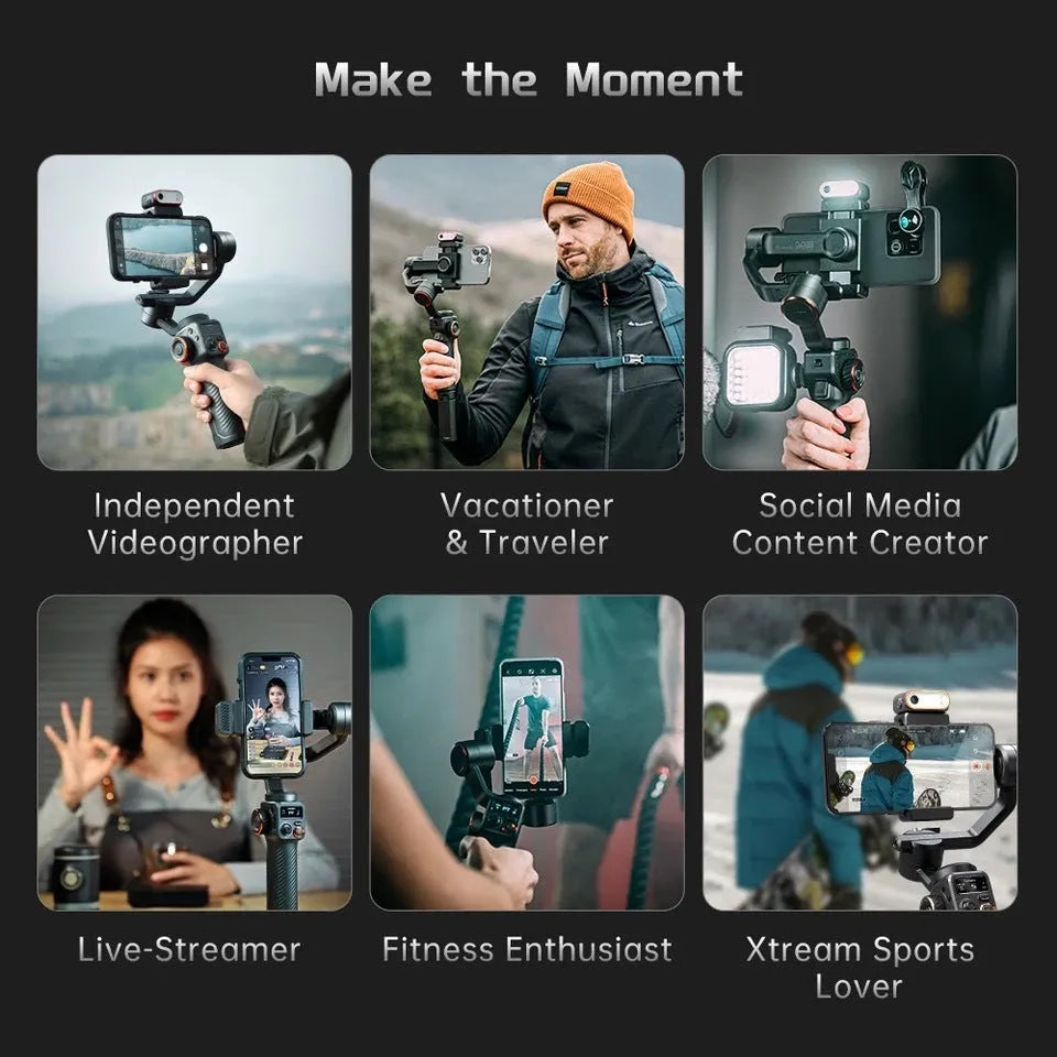 Black AI face tracking smartphone gimbal stabiliser with magnetic fill light attached and tripod extended.