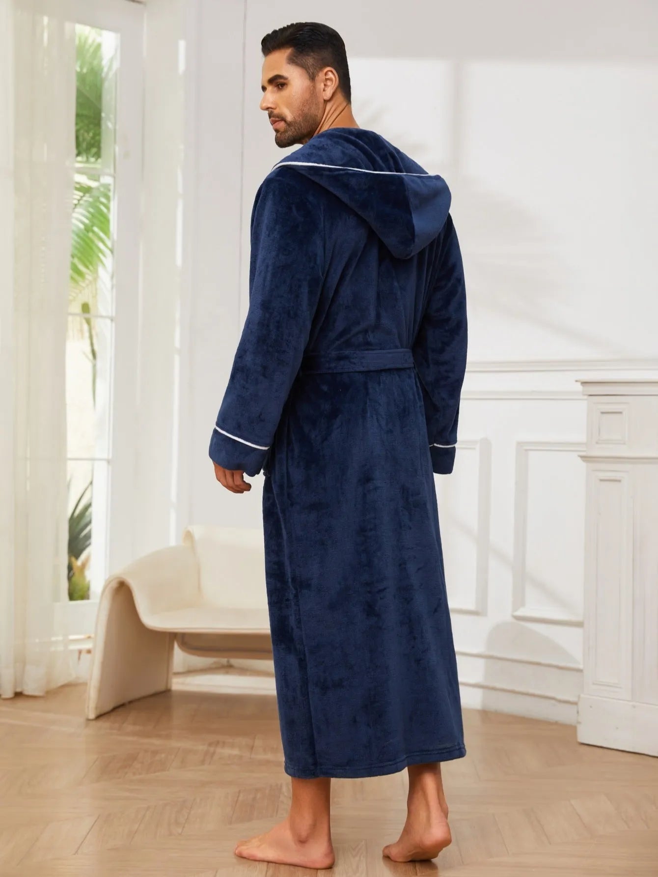 Men's grey polyester flannel bathrobe in European style, shown on a hanger.
