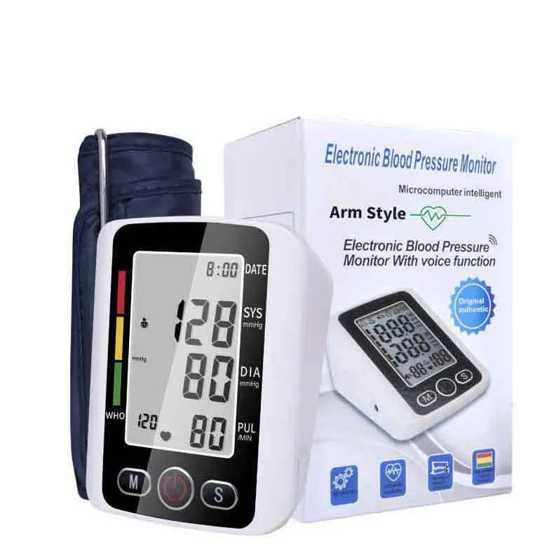 Automatic electronic arm sphygmomanometer with large screen display on a table