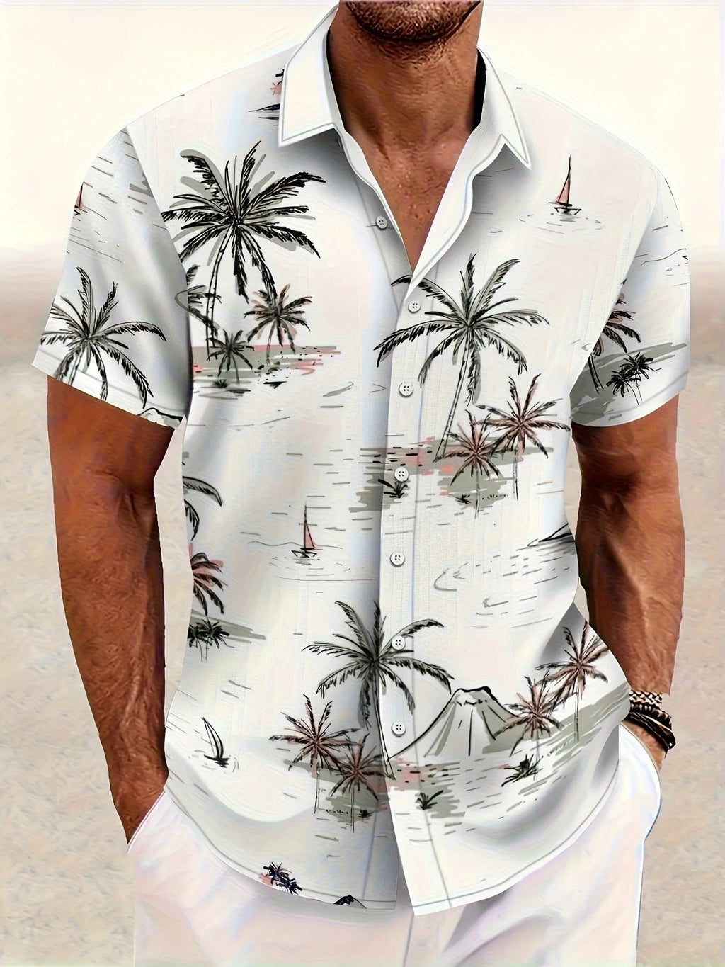 Men's short sleeve shirt with 3D printed floral pattern in loose cardigan style