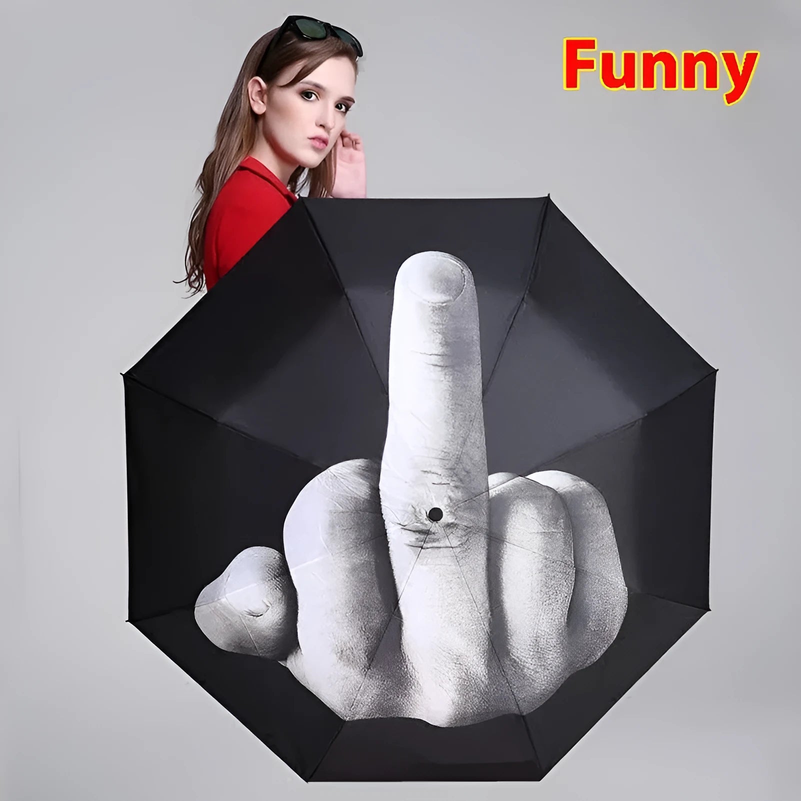 Tri-fold umbrella with eccentric gesture design, shown in folded and open states.
