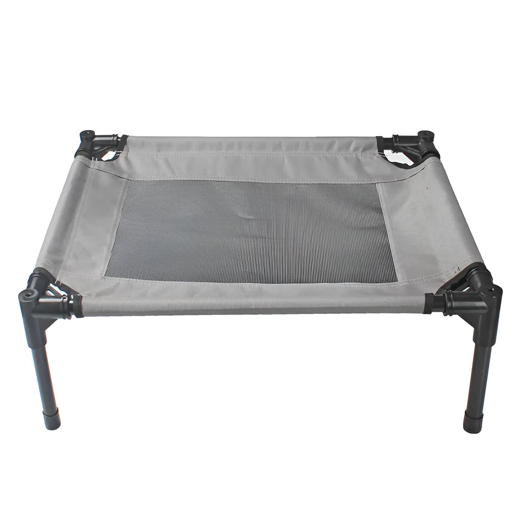 Outdoor camping dog bed with steel frame and removable oxford cloth cover shown in black colour