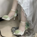 Handmade flower bow PU short stout heel wedding high heels round toe in white