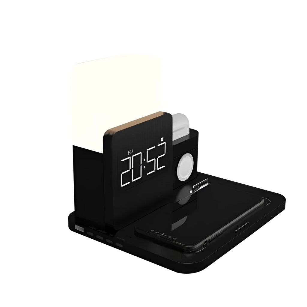 A dark green 3-in-1 wireless charging stand for iPhone, Apple Watch, and AirPods on a desk.