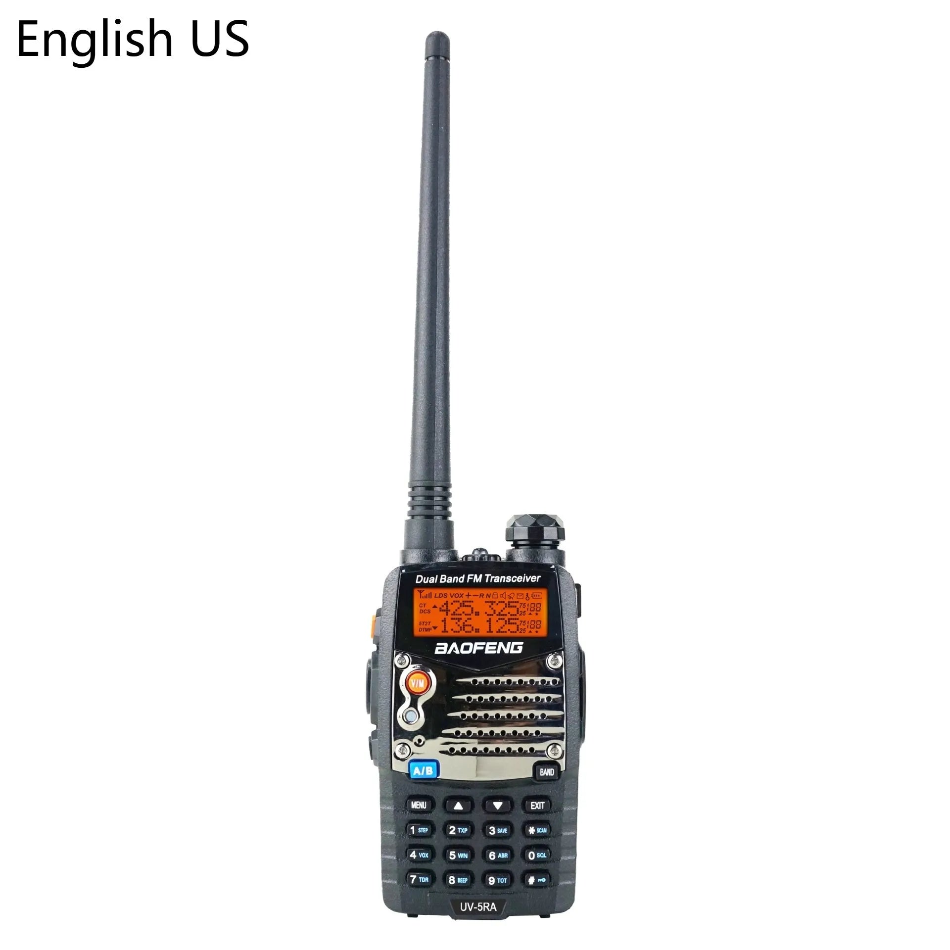 Baofeng UV-5RA dual-band walkie talkie with dual display and multiple headset configuration options