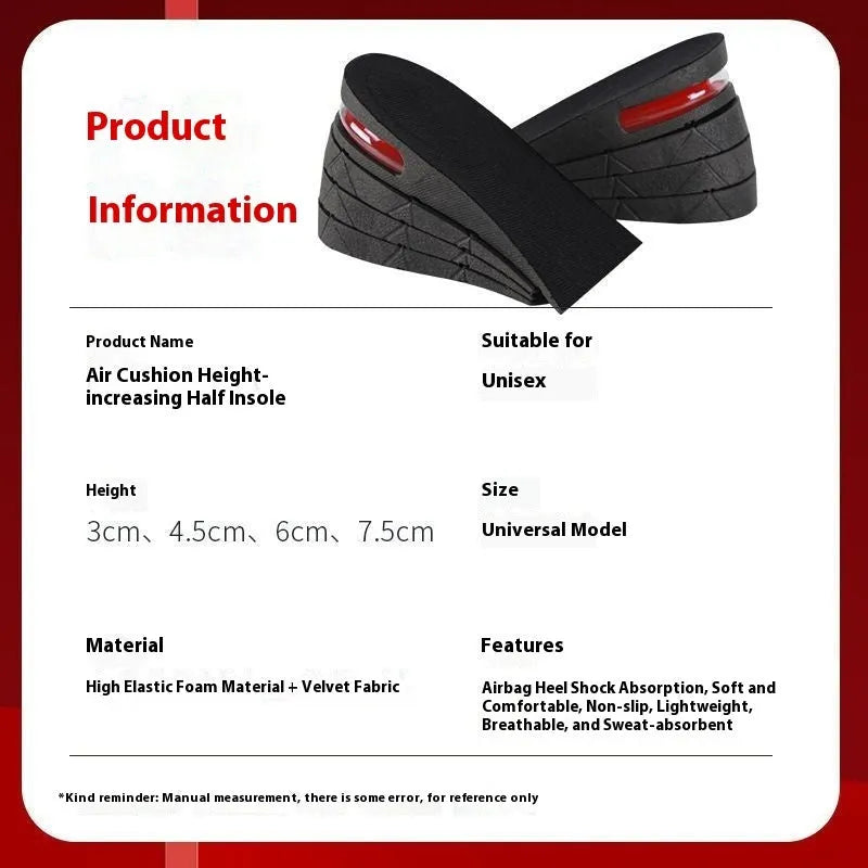 Black height increasing insoles for women and men, half and full pad options from 3cm to 7.5cm, sizes 35-44