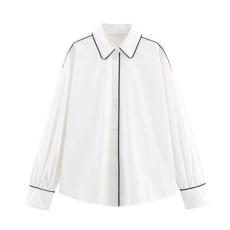 White loose fit poplin shirt with plant and flower print, contrast trim, long sleeves, pullover style