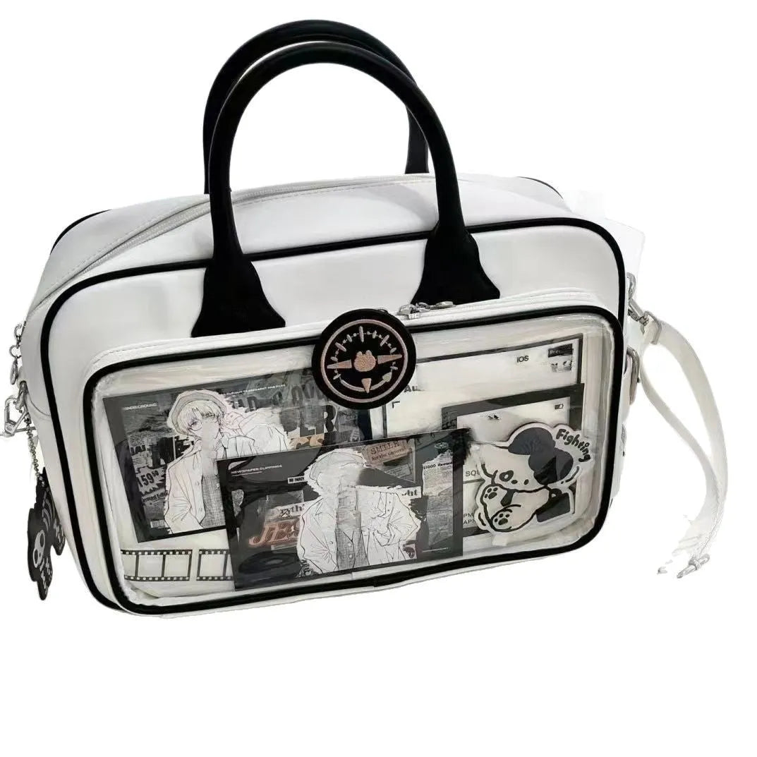 One-shoulder PU crossbody bag 42x24cm in white or black with zipper change bag
