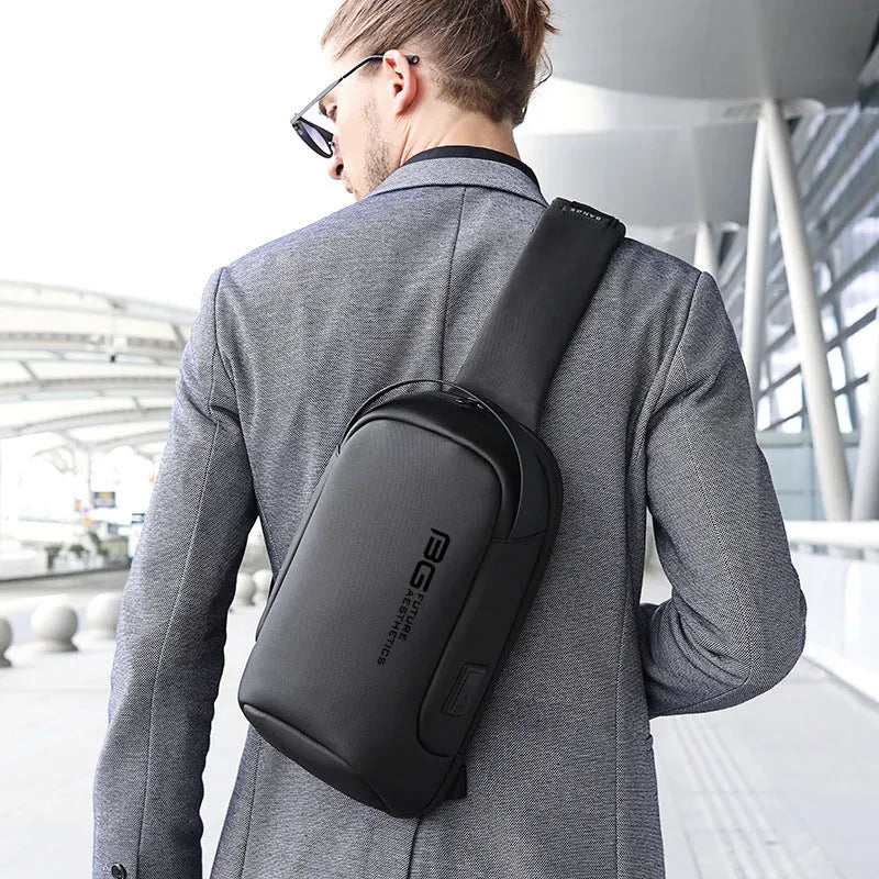 Men's Oxford cloth shoulder bag with USB charging in black, blue, dark grey, or camouflage for business travel