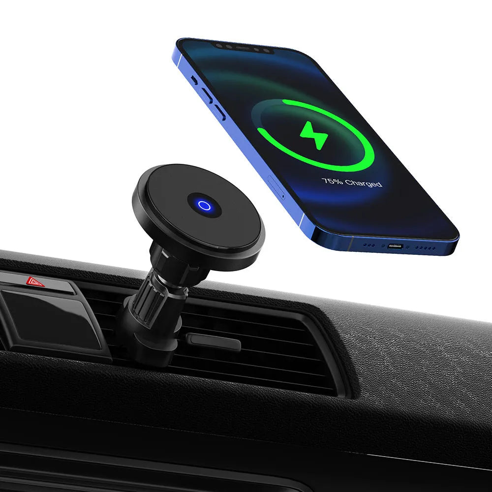 Metal 15W magnetic wireless car charger mounted on a car air vent, showing black, blue, and silver colour options.