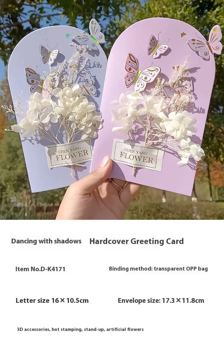 Handmade 3D butterfly birthday card with box, artificial flowers, and hot stamping details.