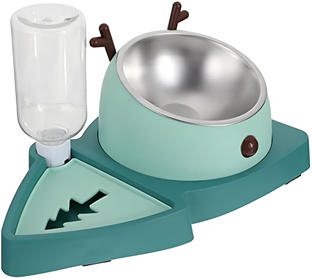 Green pet slow feeder bowl with stainless steel insert and detachable water tray on floor