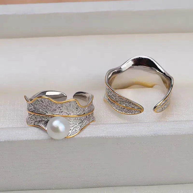 Natural freshwater pearl ring with leaf-shaped metal band and adjustable opening