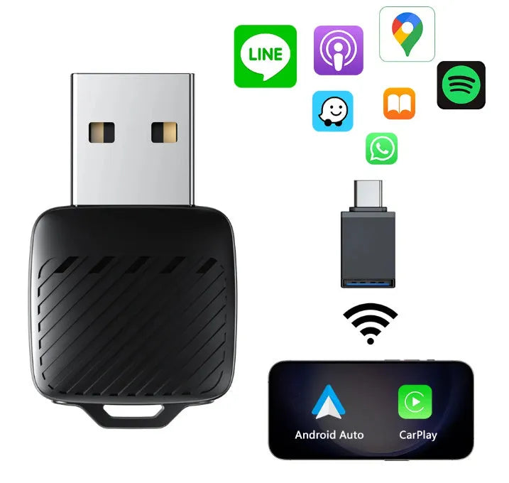 Black ABS 2-in-1 wireless CarPlay box with USB interface, 5cm x 8cm x 0.8cm, no screen