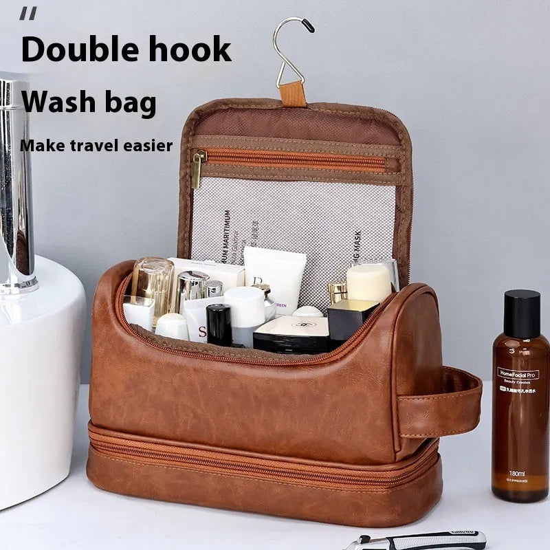 PU leather storage bag with hook in brown, black or dark brown for travel toiletries and cosmetics