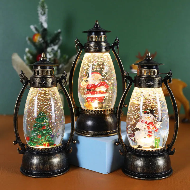 Plastic oil lamp snow globe ornament lit up with snowman figurine on a desktop.
