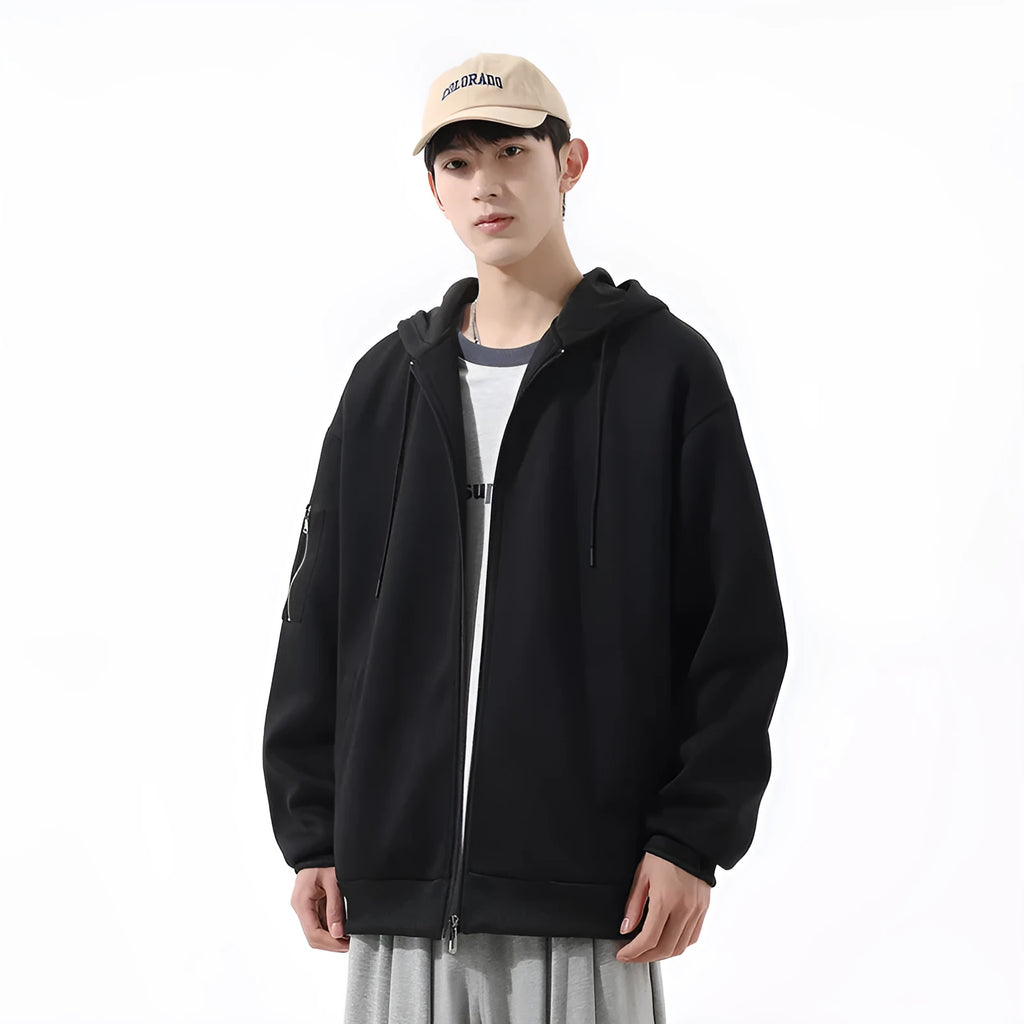 Teenagers loose hooded cardigan in solid colour polyester fibre, available in black, gray, and dark blue