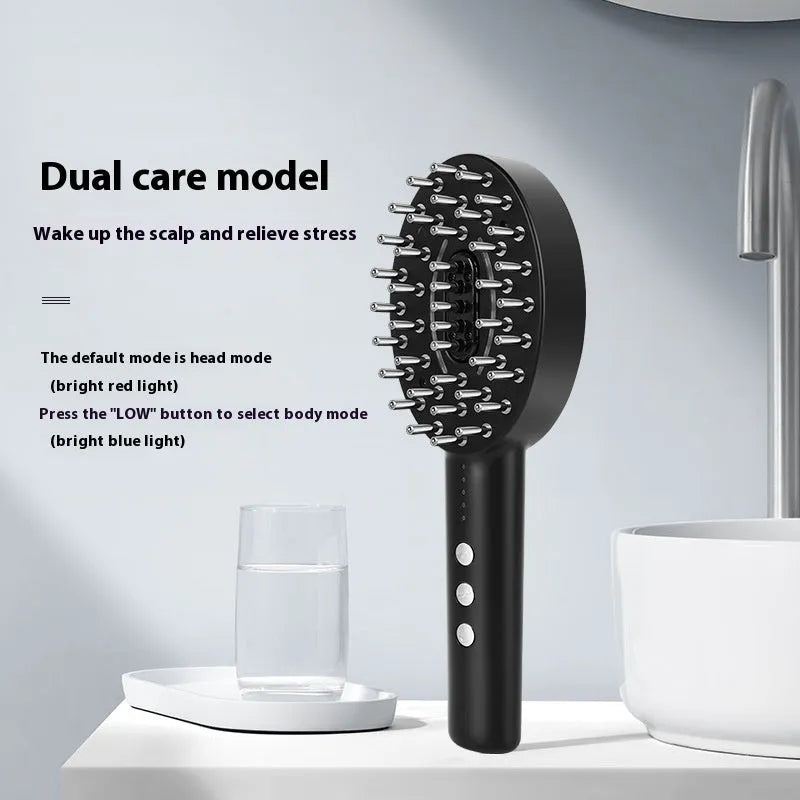 KD3802 Black handheld scalp massage device with charging cable on white background