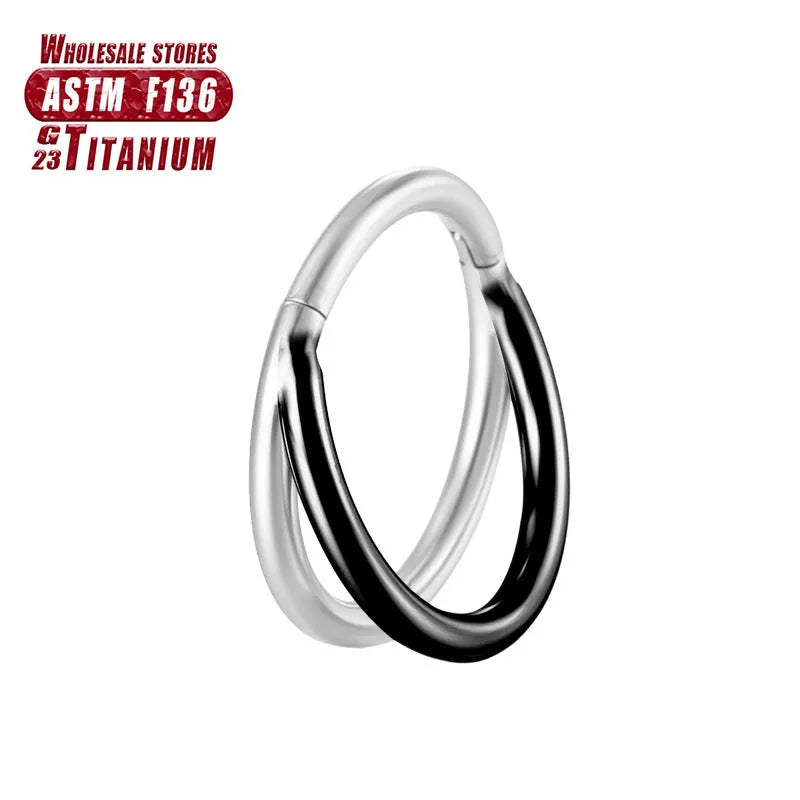F136 titanium alloy fork nose ring body jewellery in silver, shown next to size options.