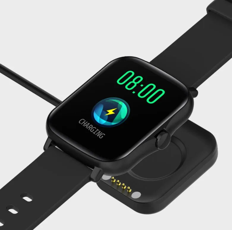 Blue smart sports watch with 1.7-inch touch screen on a wrist, showing a fitness tracking interface.