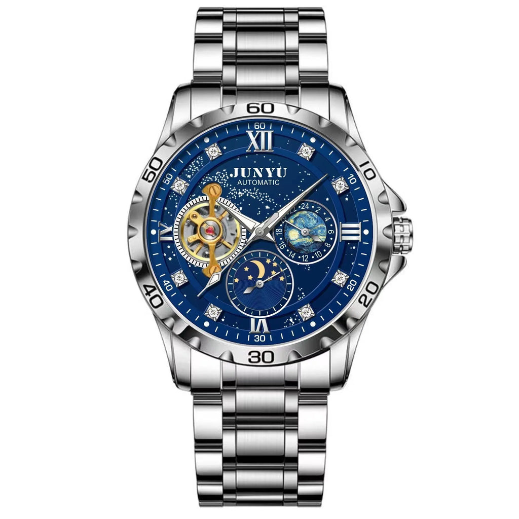 Men's automatic mechanical watch with luminous hands on a starry sky dial in a rose gold case.