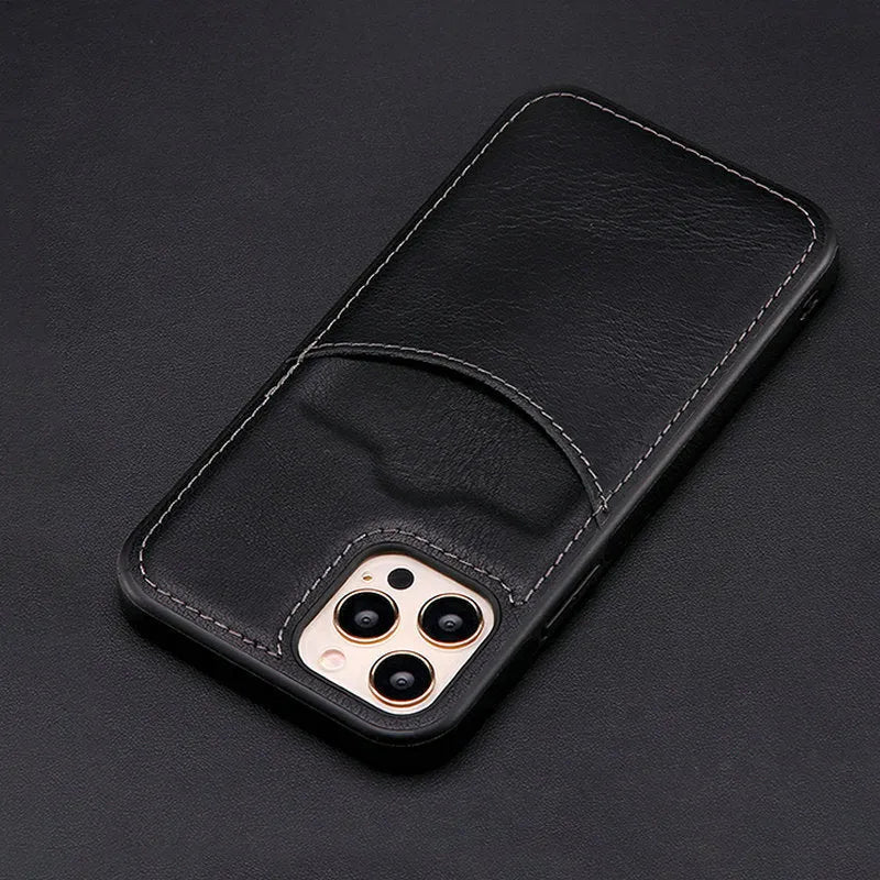Dark blue PU leather protective case fitted on an iPhone, showing precise button and camera cutouts.