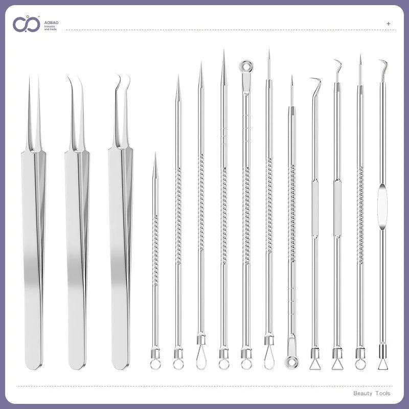 Four silver metal acne needles with ultra-fine pointed tips arranged on a clean surface.