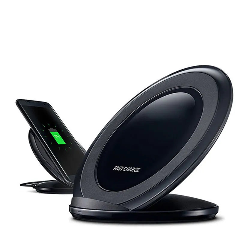 Black wireless charging pad for Galaxy Note Edge smartphone with Qi fast charging capability