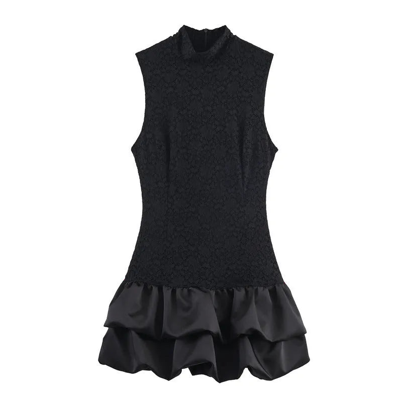 Women's simple stitching lace short dress in black with asymmetric hem and mid waist