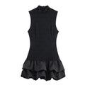 Women's simple stitching lace short dress in black with asymmetric hem and mid waist
