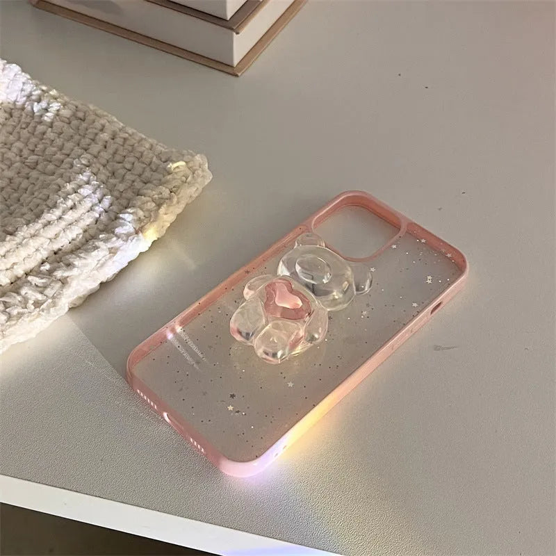 Simple Bear Bracket Silicone Phone Case in white with epoxy pink edge stars and love bear bracket, compatible with iPhone models