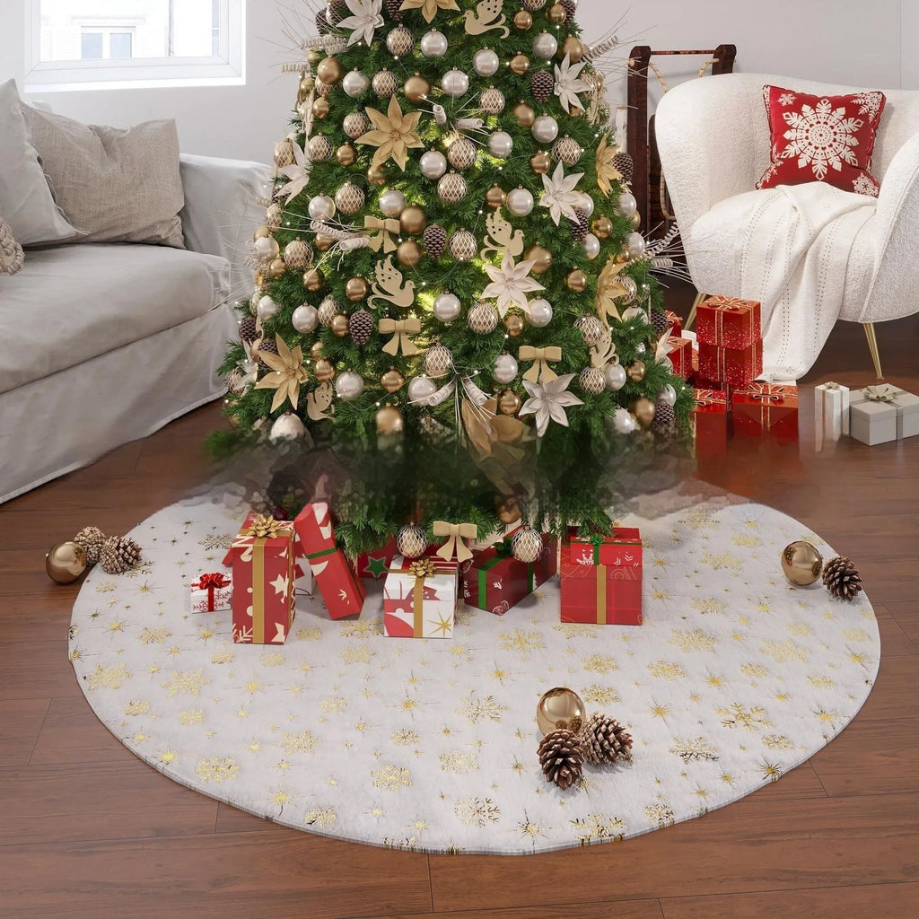 Plush Christmas tree group mat in snowflake star style design on wooden floor