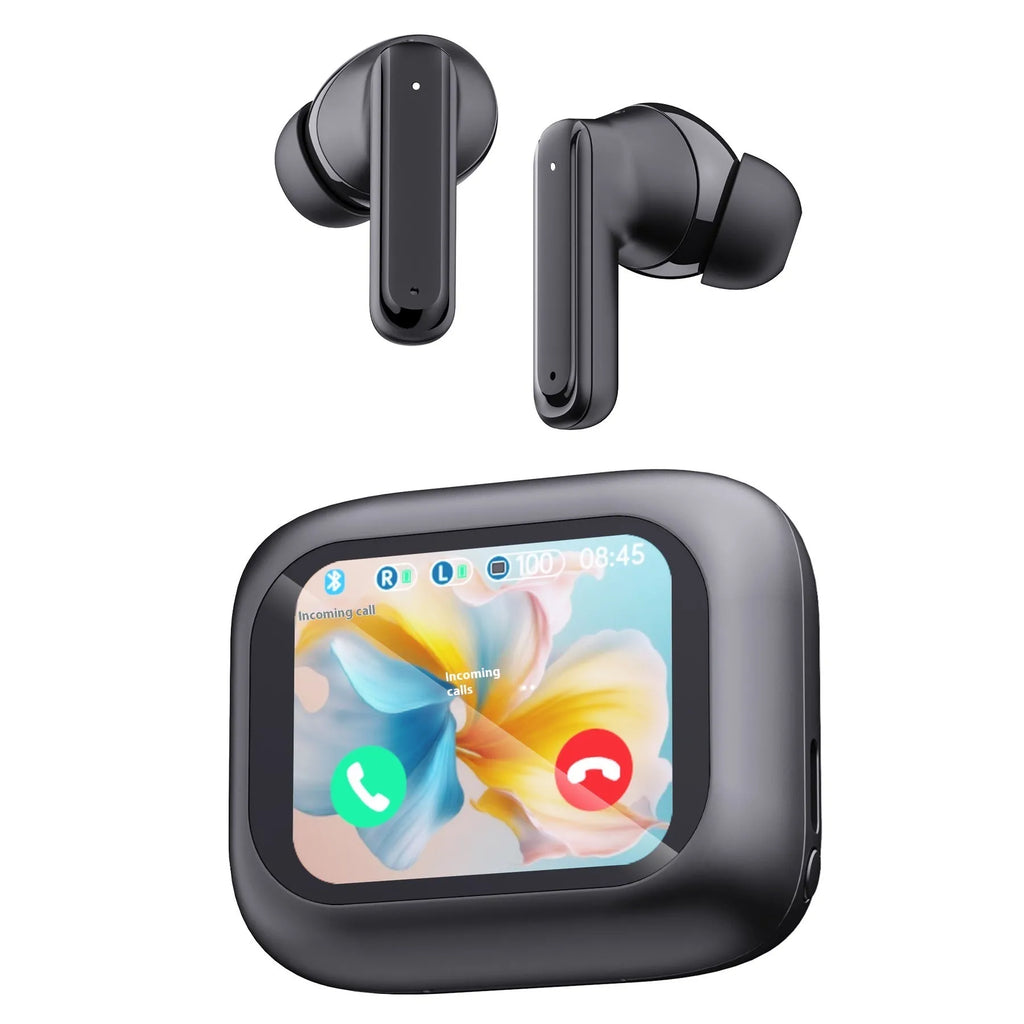 Wireless Bluetooth in-ear headset with touch noise reduction and colour screen, shown in black or white