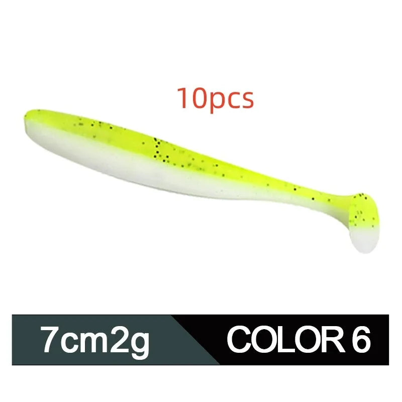 Two-tone soft plastic T-tail fishing lure measuring 7cm, shown in multiple colour variations.