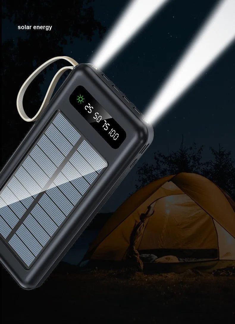 Cool black and ivory white solar power bank with integrated solar panel and multi-interface charging cable
