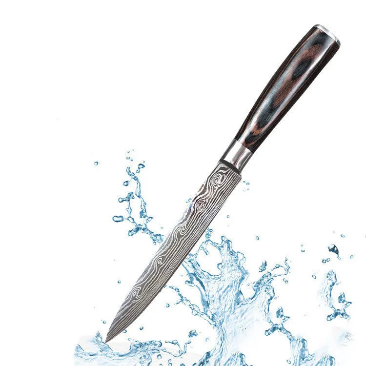 Carpenter's Special kitchen knife with laser Damascus pattern blade and coloured wood handle