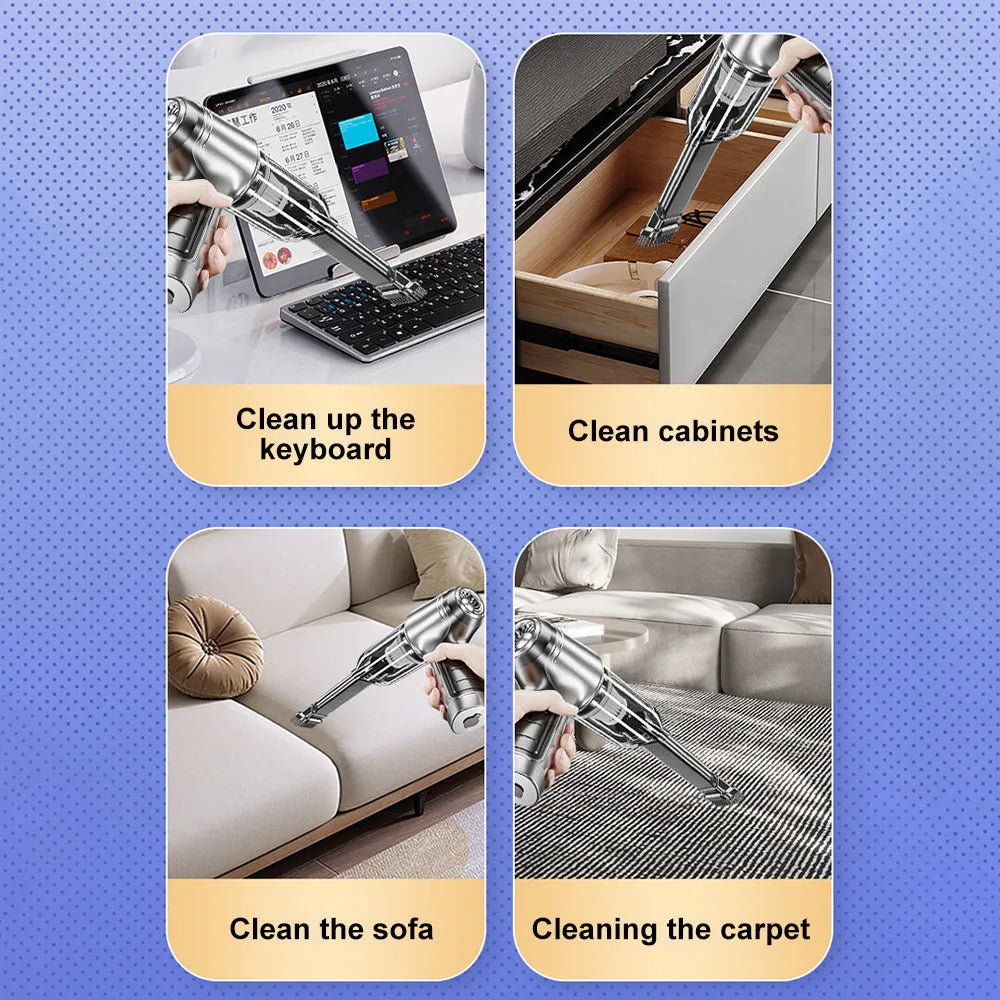 Handheld motor vehicle vacuum cleaner 120W 63000Pa rechargeable with nozzle attachments and washable filter