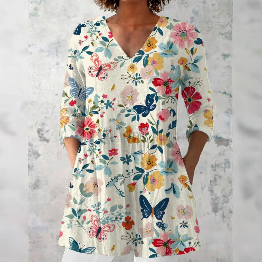 Women's retro slim fit long-sleeved polyester top with digital print, sizes S to 5XL