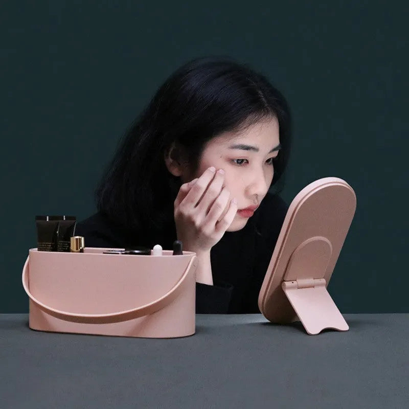 Portable pink beauty mirror with storage box and aluminium mirror lens