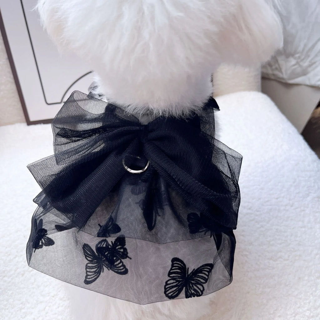 Black layered tulle princess skirt on a small dog, showing chest fit and full skirt silhouette.