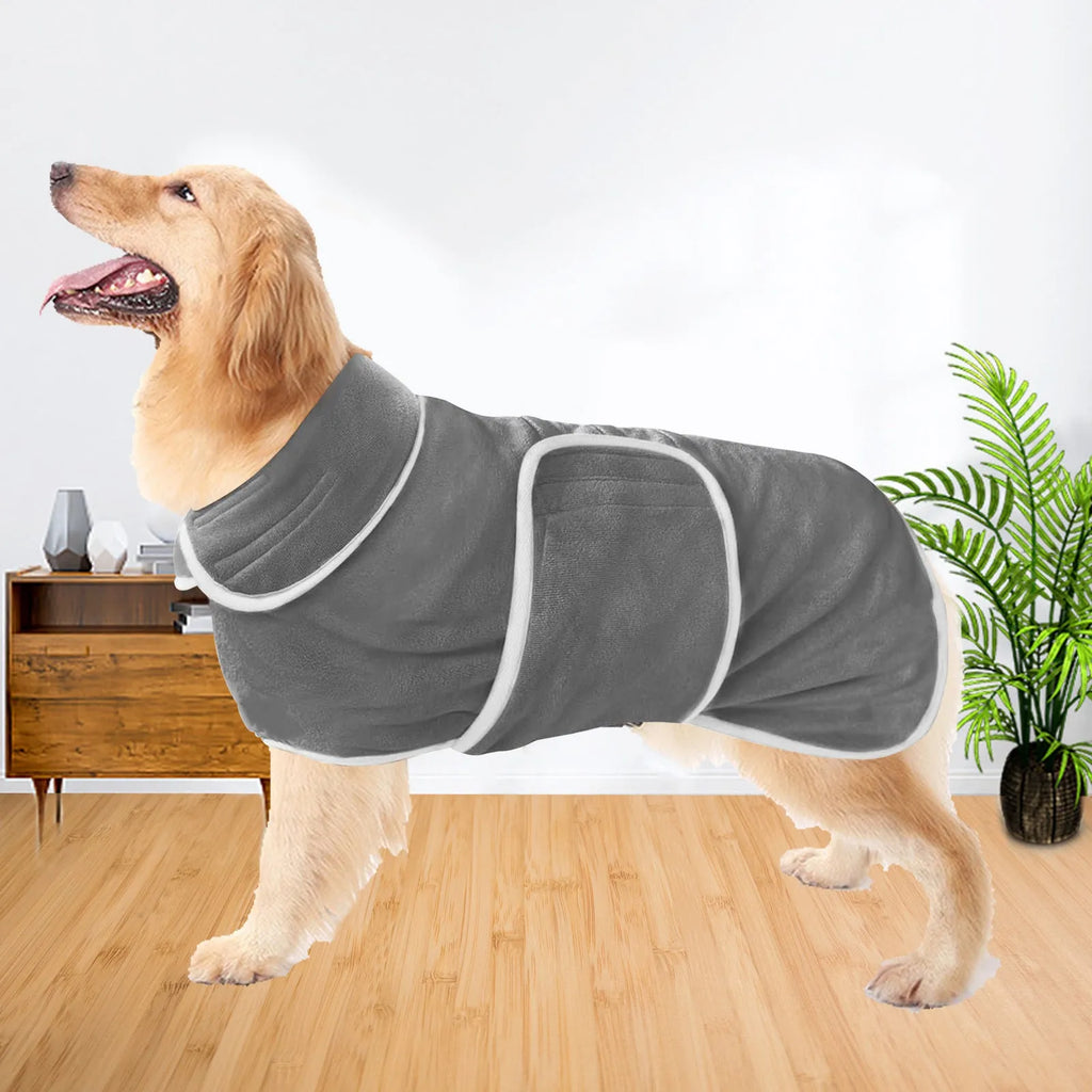 A colourful super absorbent dog bathrobe costume outfit laid flat, showing its one-piece design and print.