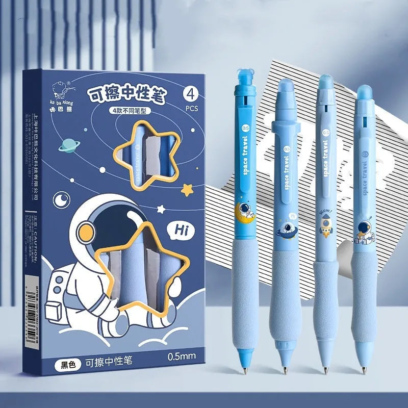 Cartoon-designed plastic gel pen with 0.5mm tip and erasable ink in black or blue.