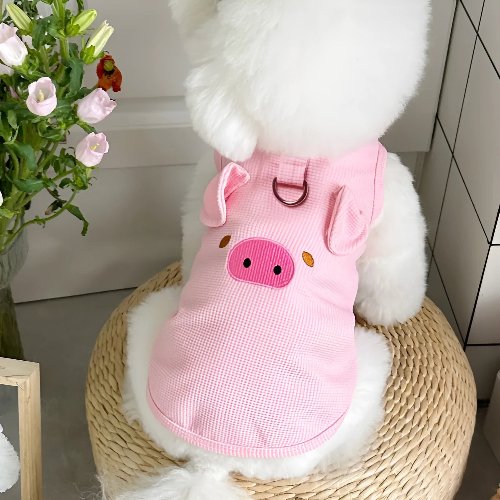 Yellow waffle fabric dog vest on a small dog, showing casual style and fit.