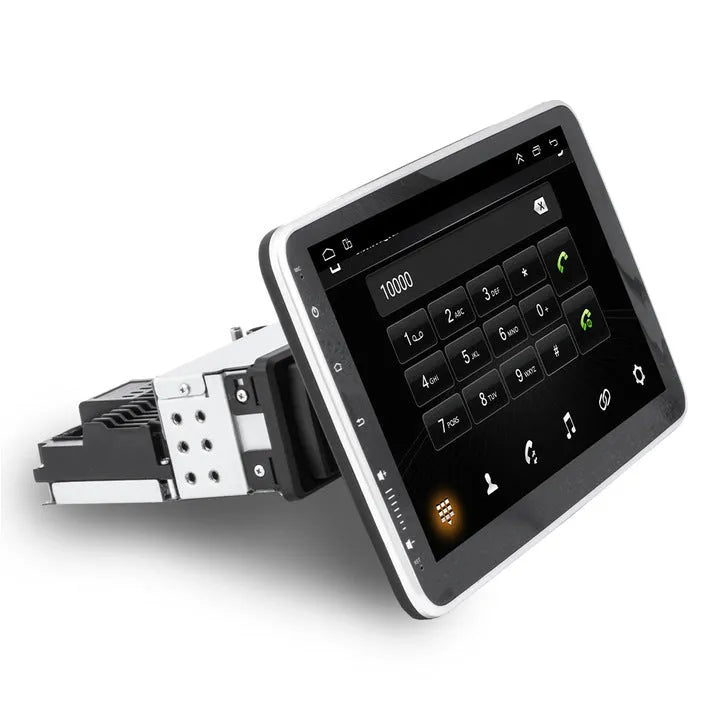 10.1 inch Android car stereo with rotating LED screen, Bluetooth control, and 1024x600 resolution.