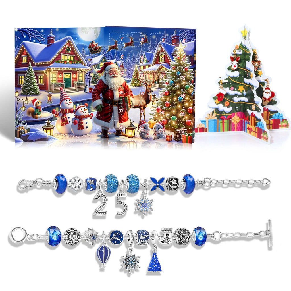 24 grid Christmas advent calendar in blue with flip doors and zinc alloy bracelet blind boxes