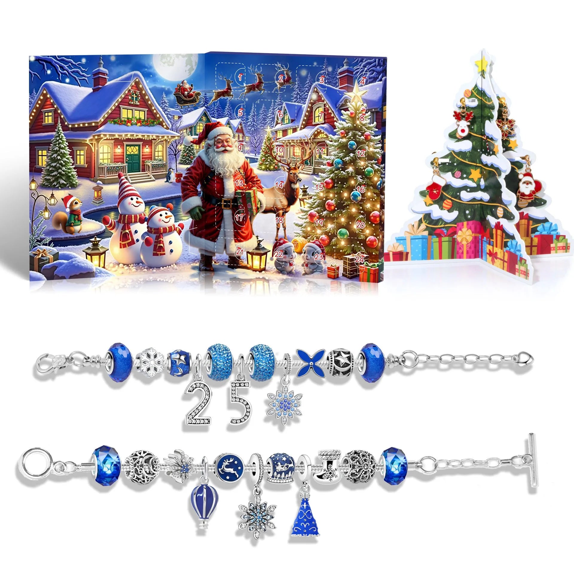 24 grid Christmas advent calendar in blue with flip doors and zinc alloy bracelet blind boxes