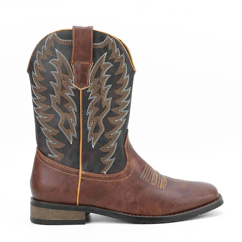 Men's black western denim square toe motorcycle boots with embroidery on a low wedge heel