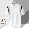 Men's grey striped cotton t-shirt with a lapel collar and loose fit on a hanger.